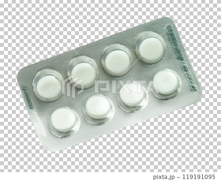 Blister pack of white tablets, white isolated background 119191095