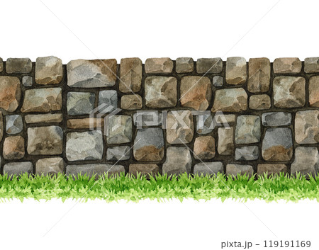 Solid stone wall with green grass element seamless border. Watercolor illustration. Painted rocky wall from various stones, rocks. Fence seamless border landscape element on white background Solid stone wall with green grass element seamless border. Watercolor illustration. Painted rocky wall from various stones, rocks. Fence seamless border landscape element on white background 119191169