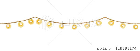 Light garland seamless border party decoration element. Watercolor illustration. Hand drawn garland of small glowing lights on white background 119191174