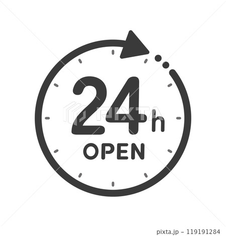 24h OPEN の文字と回転する矢印が付いた時計のアイコン - シンプルな24時間営業のサイン 119191284