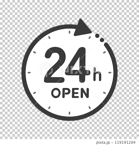 帶有“24 小時開放”字樣和旋轉箭頭的時鐘圖標 - 一個簡單的 24 小時開放標誌 帶有“24 小時開放”字樣和旋轉箭頭的時鐘圖標 - 一個簡單的 24 小時開放標誌 119191284