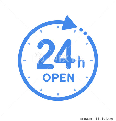 24h OPEN の文字と回転する矢印が付いた時計のアイコン - シンプルな24時間営業のデザイン 24h OPEN の文字と回転する矢印が付いた時計のアイコン - シンプルな24時間営業のデザイン 119191286