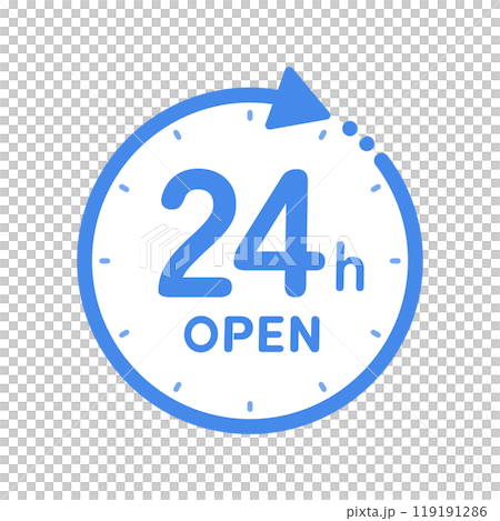 帶有 24 小時開放文字和旋轉箭頭的時鐘圖示 - 簡單的 24 小時設計 帶有 24 小時開放文字和旋轉箭頭的時鐘圖示 - 簡單的 24 小時設計 119191286