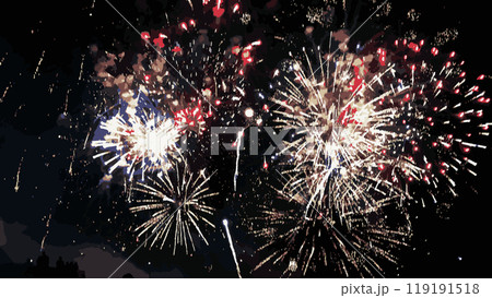 Colorful fireworks on a dark background. Colorful explosive fire show in the night sky. Vector illustration 119191518