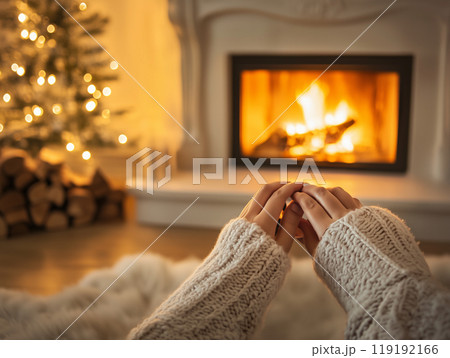 暖炉で温まる手 119192166