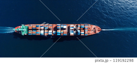 Large container ship delivering cargo at sea on open water 119192298