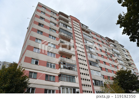 Perspective view of flat of blocks from Communist period, worn out concrete buildings in Eastern Europe 119192350
