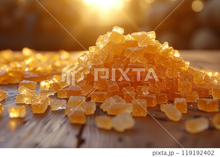 Pile of yellow cane sugar cubes on a wooden table 119192402