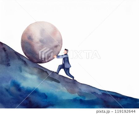 Man Pushing Stone Uphill With Determination Overcoming Obstacles Metaphor 119192644