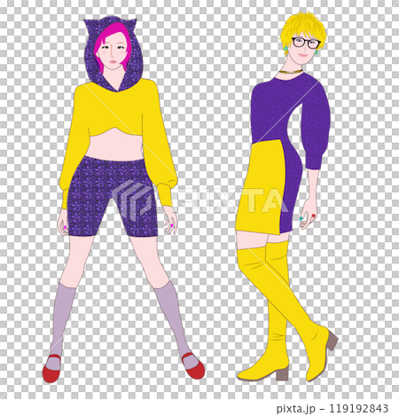 插圖顯示兩位時尚女性穿著顏色大膽的黃色和紫色衣服。 119192843