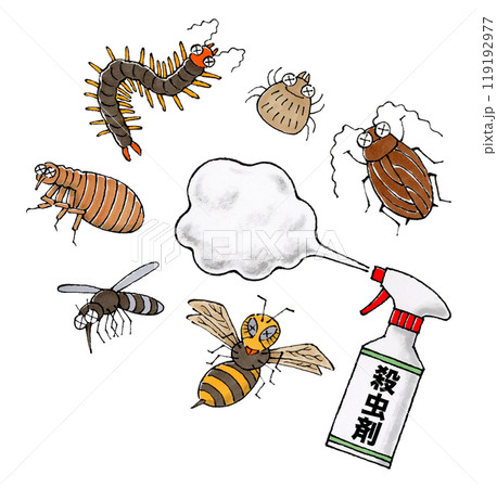 噴射する殺虫剤スプレーと害虫(ゴキブリ、ダニ、ムカデ、ノミ、蚊、スズメバチ) 119192977