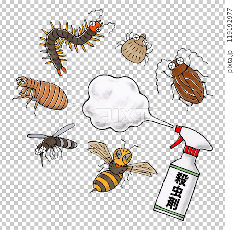 噴射する殺虫剤スプレーと害虫(ゴキブリ、ダニ、ムカデ、ノミ、蚊、スズメバチ) 119192977