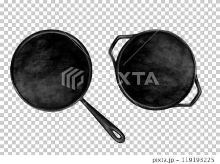 Cast iron pans top view, illustration on white background 119193225