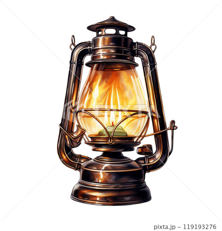 Classic oil lantern with warm flame, isolated on white background watercolor style. 119193276