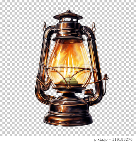 Classic oil lantern with warm flame, isolated on white background watercolor style. 119193276