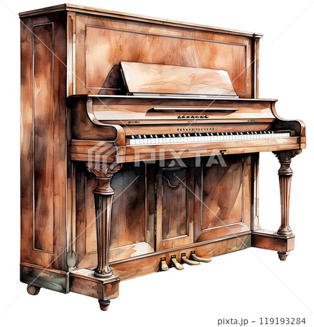 Elegant wooden piano on white isolated background. watercolor style. 119193284