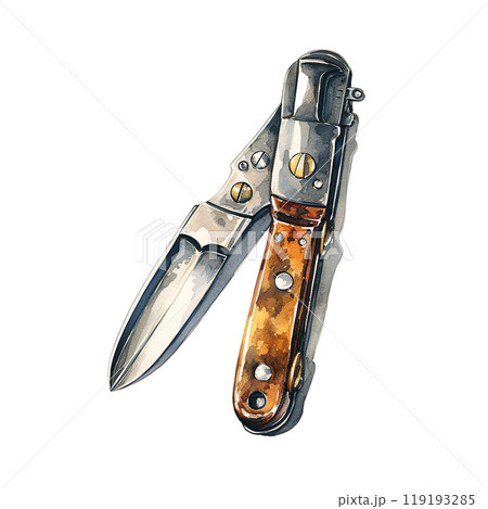 Foldable knife with metal blade and wooden handle on white isolated background watercolor style. 119193285