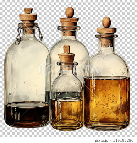 Four glass bottles with wooden stoppers filled with various liquids. watercolor style. 119193286
