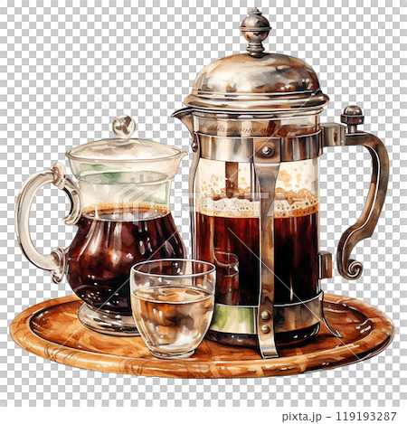 French press coffee maker with glass serving jug and cup on a wooden tray. watercolor style. 119193287