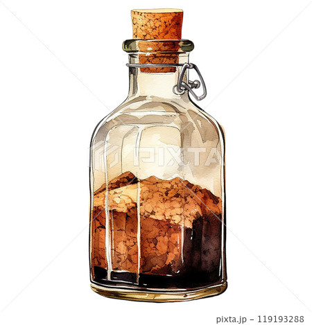 Glass bottle with cork containing brown sugar on a white isolated background. watercolor style. 119193288