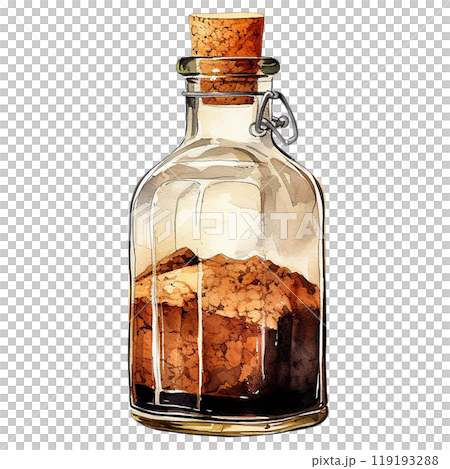 Glass bottle with cork containing brown sugar on a white isolated background. watercolor style. 119193288