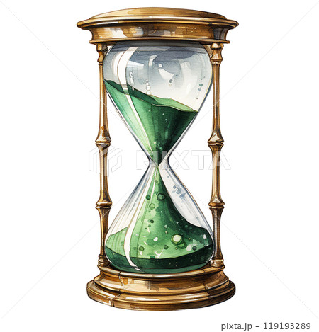 Golden hourglass with green sand on white isolated background. watercolor style. 119193289