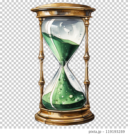 Golden hourglass with green sand on white isolated background. watercolor style. 119193289
