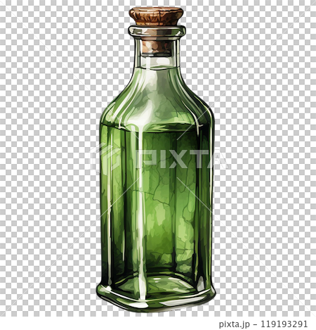 Green glass bottle filled with liquid, isolated on a white background. watercolor style. 119193291