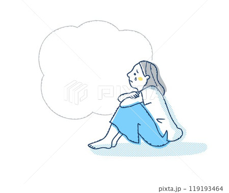 膝を抱えて泣いている女性とふきだし 119193464