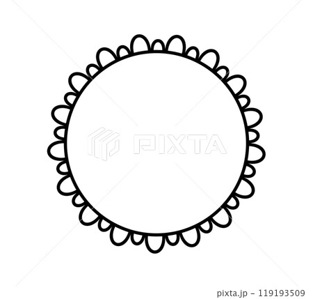 Scalloped edge circle frame. Simple round scalloped border. Fabric lace pattern frame. Repeat cute vintage frill ornament. Texture ribbon. Vector illustration isolated on white background. Scalloped edge circle frame. Simple round scalloped border. Fabric lace pattern frame. Repeat cute vintage frill ornament. Texture ribbon. Vector illustration isolated on white background. 119193509