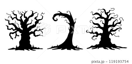 Tree silhouettes set. Black outline drawing of curved, twisted plant for Halloween. Hand drawn graphic clipart. Simple Doodle style. Nature element for spooky decor and party invitation design. 119193754