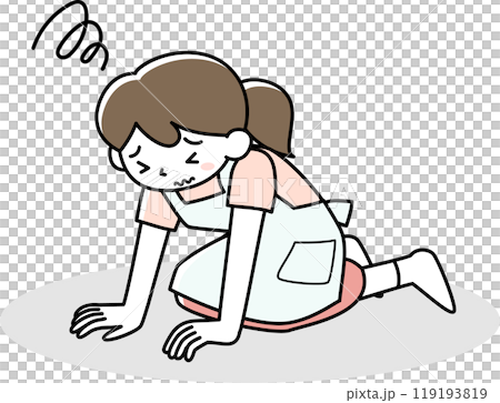 A woman wearing an apron kneeling down 119193819