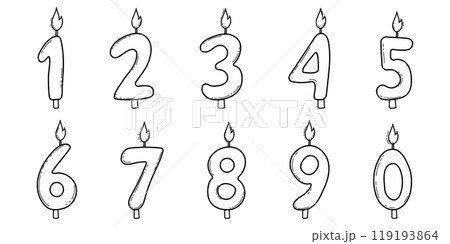 Birthday candles numbers cute outline doodle style, hand drawn. Set greeting numeral party decorations with flame.  119193864