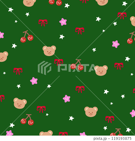 Christmas and New Year pattern with teddy bear, ribbon, cherry, stars on green background for festive wallpaper, backdrop, winter decoration, gift wrap, packaging, cozy blanket, paper, card print 119193875