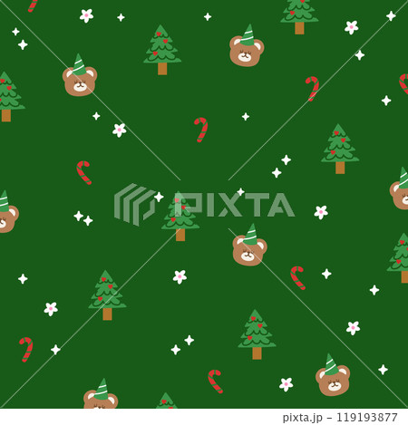 Christmas and New Year pattern with teddy bear, ribbon, tree, candy cane on green background for festive wallpaper, backdrop, winter decoration, gift wrap, packaging, cozy blanket, paper, card print Christmas and New Year pattern with teddy bear, ribbon, tree, candy cane on green background for festive wallpaper, backdrop, winter decoration, gift wrap, packaging, cozy blanket, paper, card print 119193877