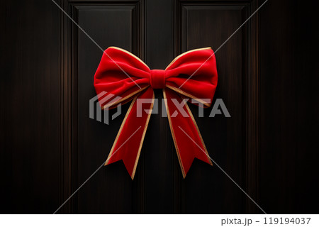 Festive red bow adorned with pinecones and greenery, set against a black background, showcasing Christmas holiday spirit 119194037