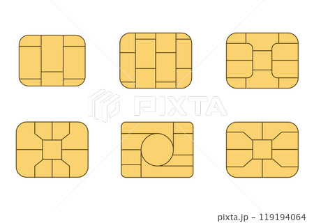 EMV chip icon set. Microchip for bank plastic credit or debit charge or sim card. Digital Nfc technology. Contactless payment at terminals and ATMs 119194064