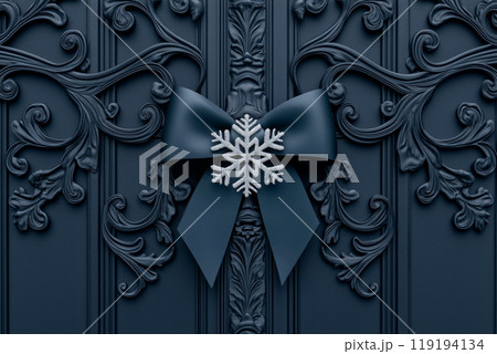A decorative snowflake and bow on an ornate dark background, showcasing elegance and holiday spirit 119194134