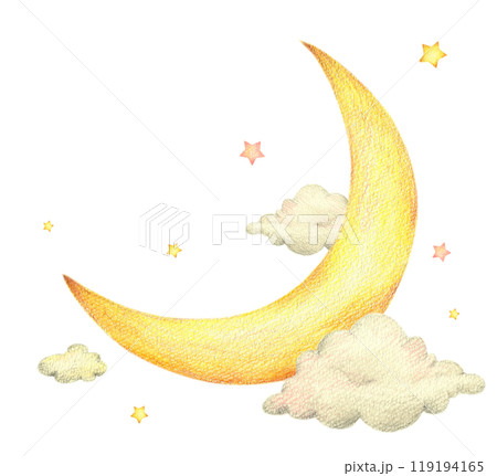 月と星と雲　手描き色鉛筆画 119194165