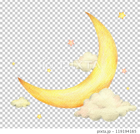 月亮、星星和雲朵手繪色鉛筆畫 月亮、星星和雲朵手繪色鉛筆畫 119194165