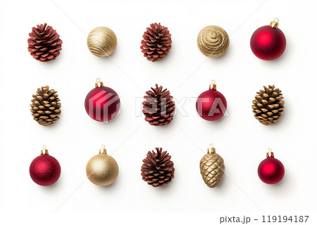 Festive arrangement of red ornaments and pinecones isolated on white background, Christmas and nature's beauty 119194187