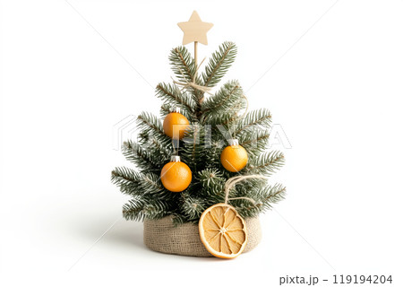 Creative composition of ornaments, pinecones and dried fruits on green branches, ideal for Christmas holiday decorations Creative composition of ornaments, pinecones and dried fruits on green branches, ideal for Christmas holiday decorations 119194204