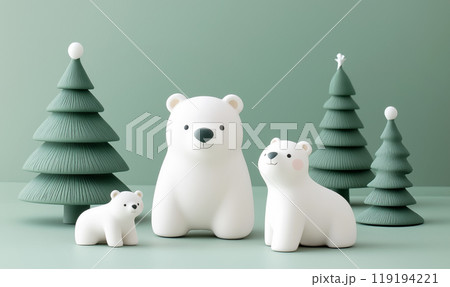 Polar bear figurines with Christmas trees on green background. Minimalist art style. Concept of winter holiday decor 119194221