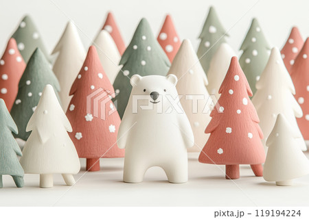 Polar bear figurines with Christmas trees on white background. Minimalist art style. Concept of winter holiday decor Polar bear figurines with Christmas trees on white background. Minimalist art style. Concept of winter holiday decor 119194224