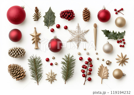 A variety of festive ornaments, pinecones, and foliage isolated on white background, Christmas Tree Decorations 119194232
