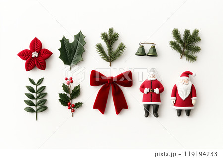 A variety of festive ornaments, pinecones, and foliage isolated on white background, Christmas Tree Decorations A variety of festive ornaments, pinecones, and foliage isolated on white background, Christmas Tree Decorations 119194233