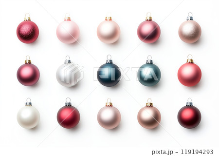 Collection of decorative Christmas ornaments in various styles and colors isolated on white background 119194293