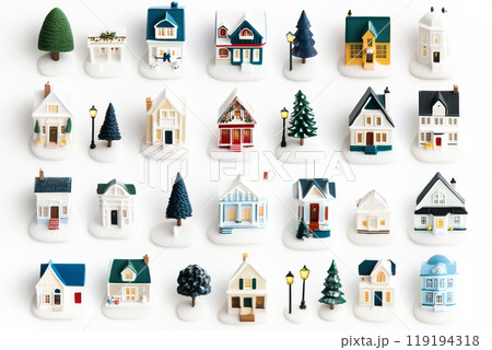 Collection of detailed miniature houses, snowy trees isolated on white background, showcasing various designs and colors Collection of detailed miniature houses, snowy trees isolated on white background, showcasing various designs and colors 119194318