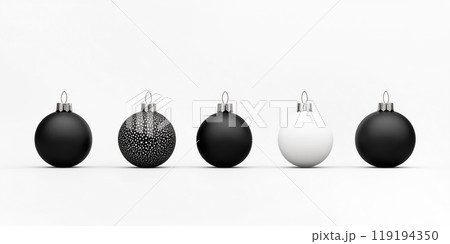 Glossy black and white ornaments suspended on thin strings on white background, showcasing a modern Christmas aesthetic Glossy black and white ornaments suspended on thin strings on white background, showcasing a modern Christmas aesthetic 119194350