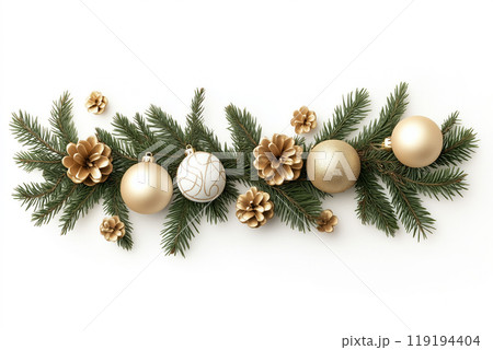 Golden and white ornaments and pinecones on green branches, isolated on white background, festive Christmas spirit Golden and white ornaments and pinecones on green branches, isolated on white background, festive Christmas spirit 119194404